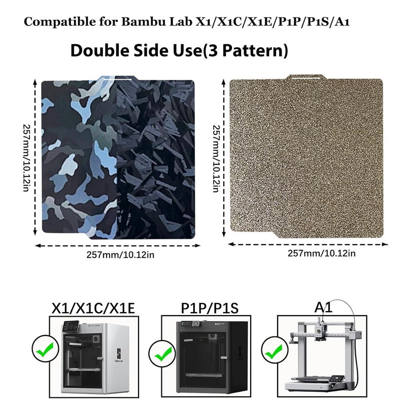 Wefuit 2pcs with 3 Patterns Smooth Camouflage+High Rise Build Plate and Textured PEI Sheet 257x257mm, Double Sided Flexible 3D Printer Platform for Bambu Lab A1/X1/X1C/X1E/P1P/P1S 3D Printers - Image 4